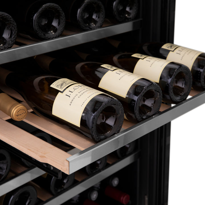 ZLINE 24 in. Autograph Edition Dual Zone 44-Bottle Wine Cooler in Stainless Steel with Wood Shelf