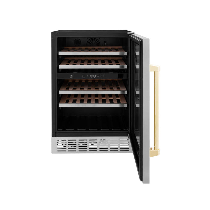 ZLINE 24 in. Autograph Edition Dual Zone 44-Bottle Wine Cooler in Stainless Steel with Wood Shelf