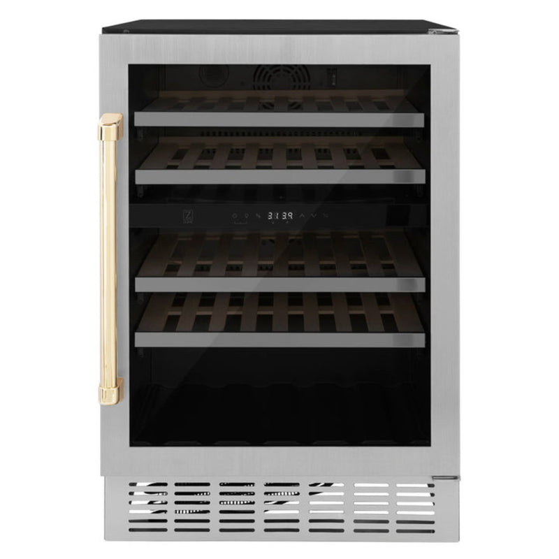 ZLINE 24 in. Autograph Edition Dual Zone 44-Bottle Wine Cooler in Stainless Steel with Wood Shelf