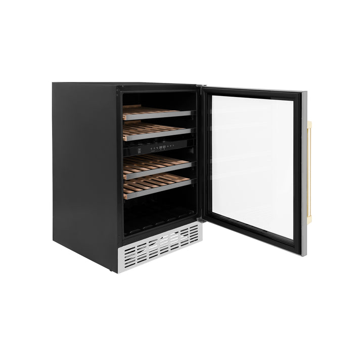 ZLINE 24 in. Autograph Edition Dual Zone 44-Bottle Wine Cooler in Stainless Steel with Wood Shelf