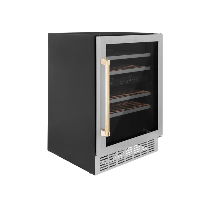 ZLINE 24 in. Autograph Edition Dual Zone 44-Bottle Wine Cooler in Stainless Steel with Wood Shelf