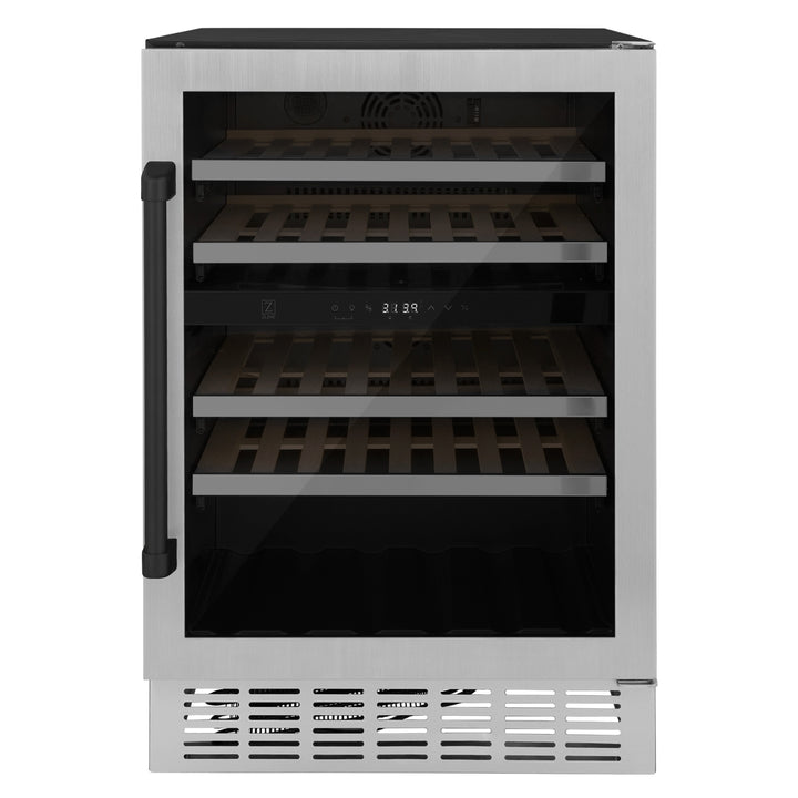ZLINE 24 in. Autograph Edition Dual Zone 44-Bottle Wine Cooler in Stainless Steel with Wood Shelf